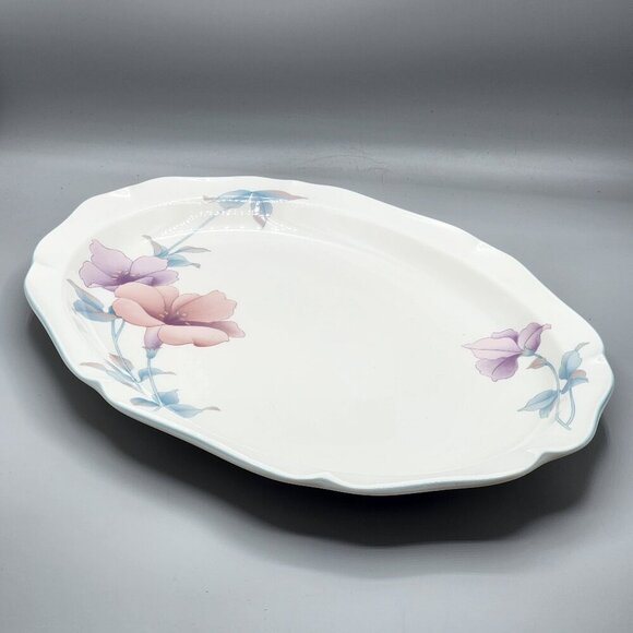 Noritake Oval Serving Platter 7910 Coram 14.5"  Gala Cuisine Pink Flowers Japan - Picture 1 of 7